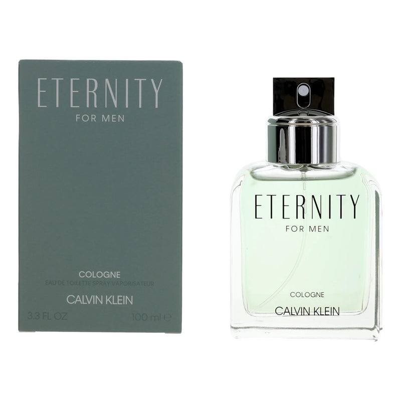Calvin Klein Eternity cologne for men in a 3.4 oz EDT spray, with a sleek glass bottle and silver cap.
