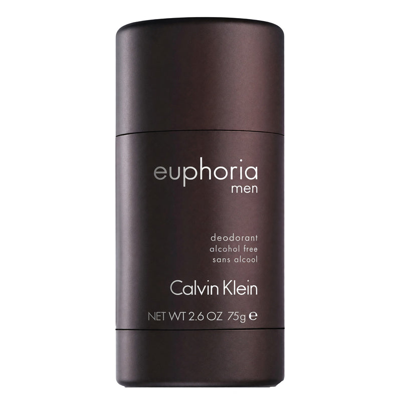Calvin Klein Euphoria alcohol-free deodorant stick for men, 2.6 oz, with a sleek silver container and minimalist packaging.