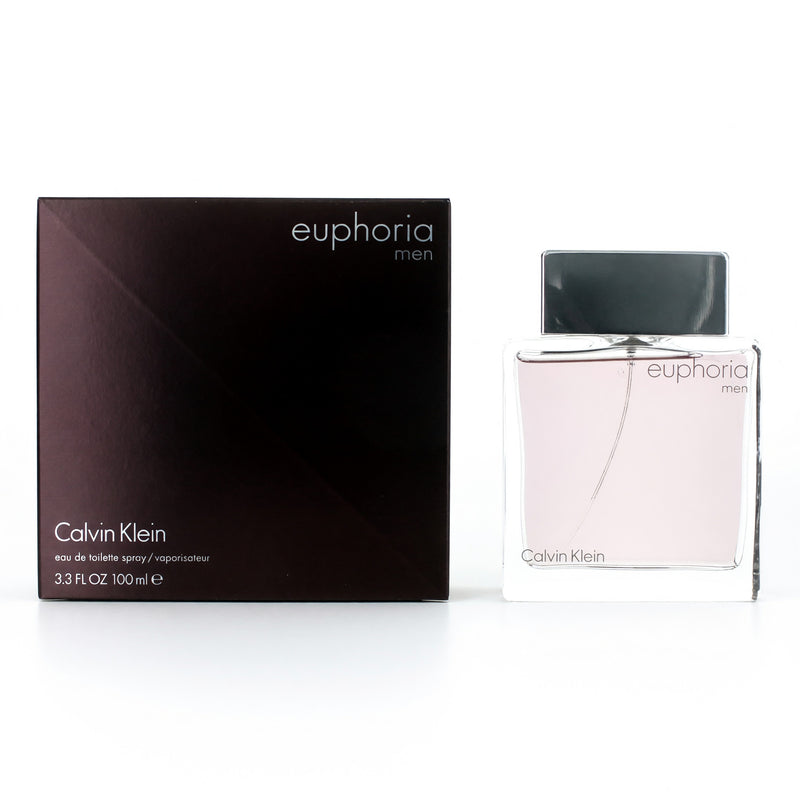 Calvin Klein Euphoria men’s 3.3 oz EDT spray bottle, sleek design, with the perfume visibly displayed in the image.