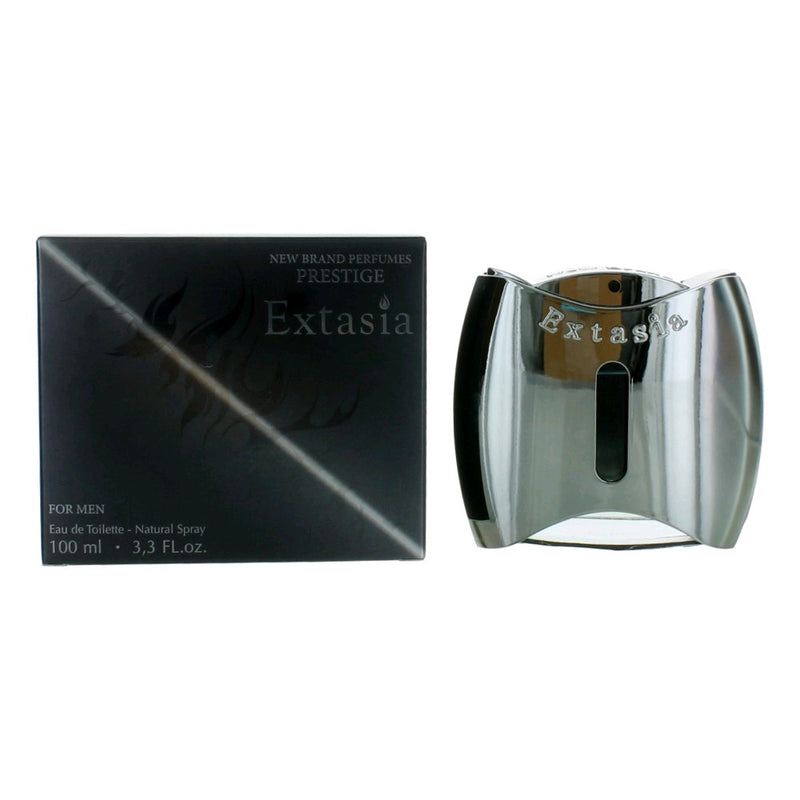 New Brand Extasia 3.3 oz men's EDT spray bottle, sleek packaging and fragrance visible in the image.