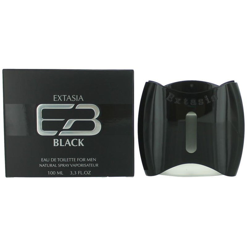 Extasia Black men's 3.3 oz EDT spray by New Brand displayed in a sleek black bottle with a minimalist design.