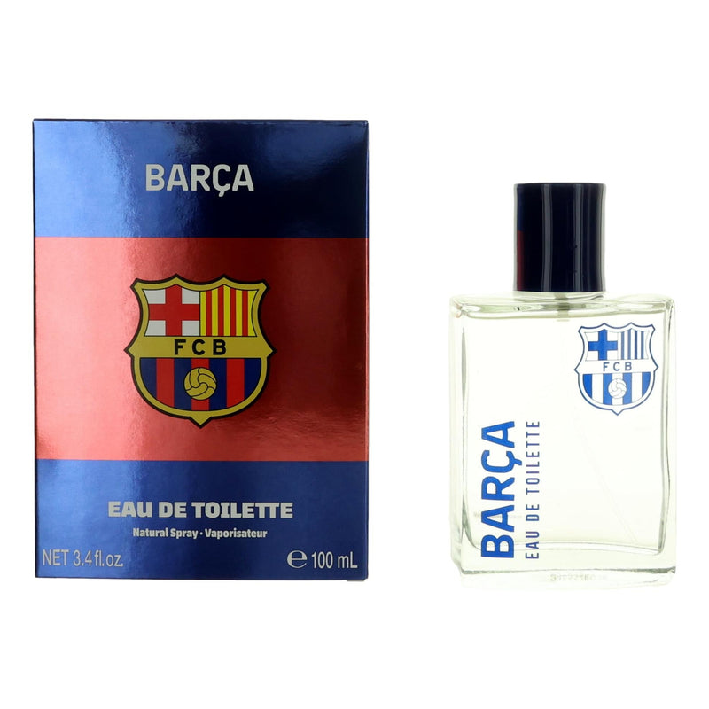 Air-Val International FC Barcelona men's 3.4 oz EDT spray bottle, stylish packaging for sports fan fragrance.