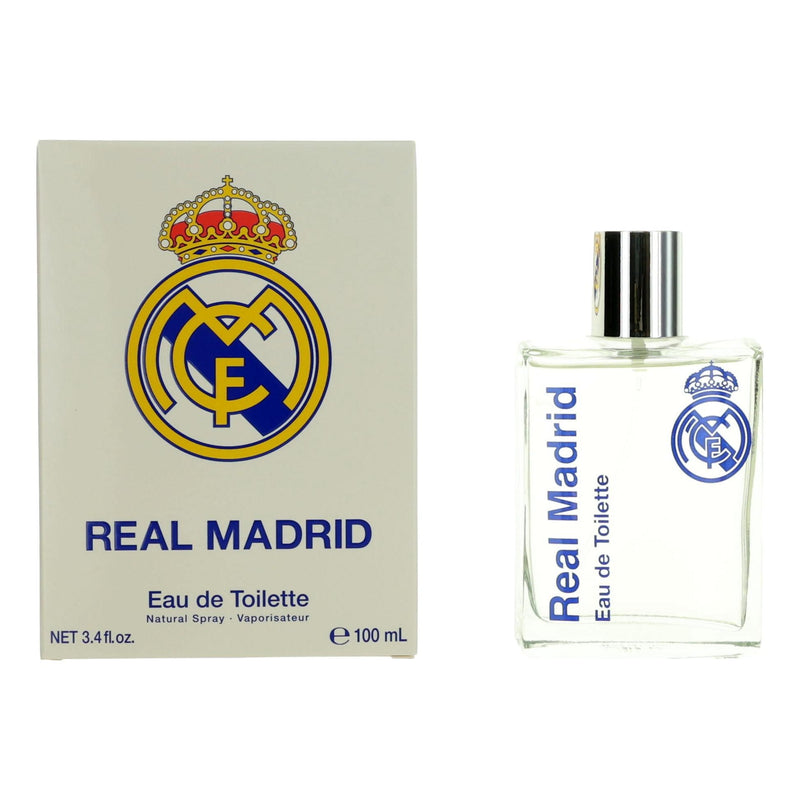 Air-Val International FC Real Madrid 3.4 oz men's EDT spray bottle with team logo and sleek design.