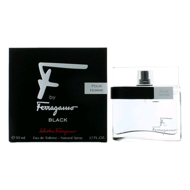 Salvatore Ferragamo F Black 1.7 oz men's EDT spray bottle with sleek black design and silver accents.