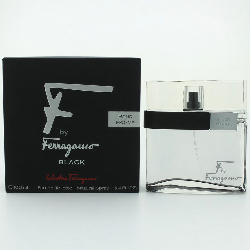 Salvatore Ferragamo F Black 3.4 oz men's EDT spray bottle with sleek black packaging on a neutral background.