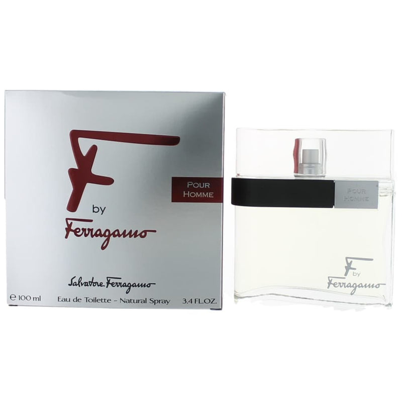 Salvatore Ferragamo F men's 3.4 oz EDT spray bottle, elegant packaging, ready for use.