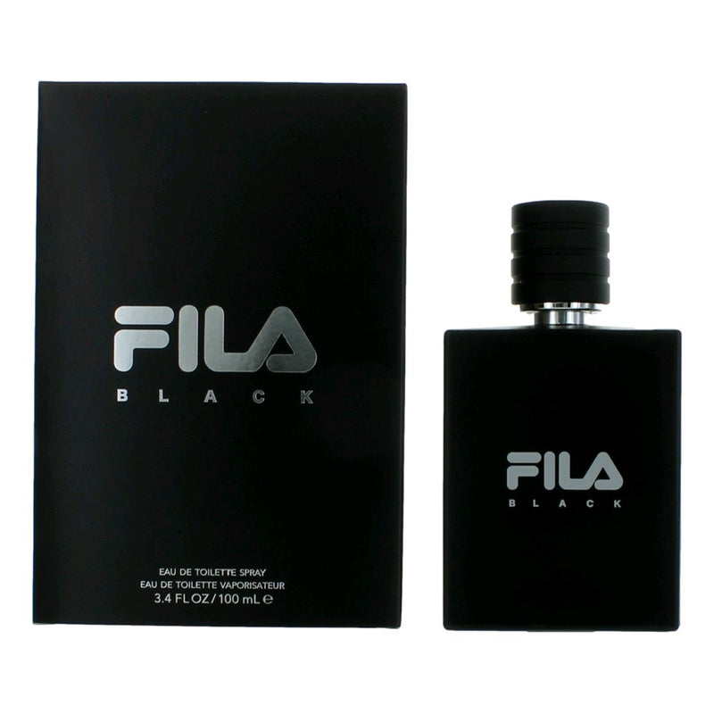 Fila Black men's 3.4 oz EDT spray bottle, sleek black packaging with silver accents, displayed on a neutral background.