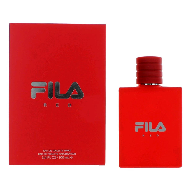 Fila Red men's 3.4 oz EDT spray bottle, featuring sleek packaging and the Fila logo for a sporty, vibrant fragrance.