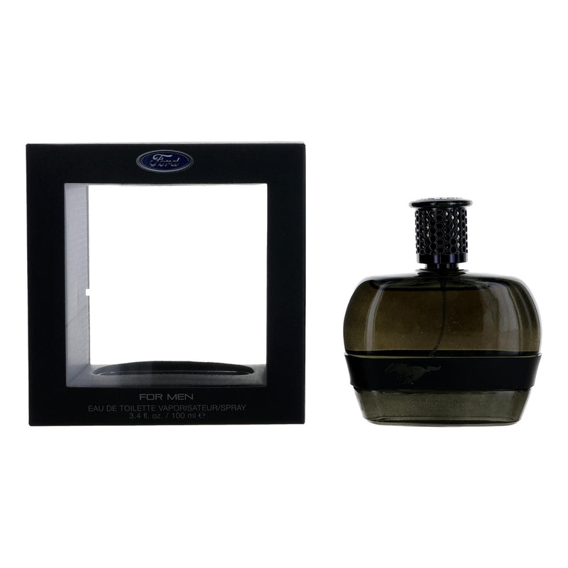 Mustang Black 3.4 oz men's EDT spray bottle with black packaging and sleek design, by Mustang.