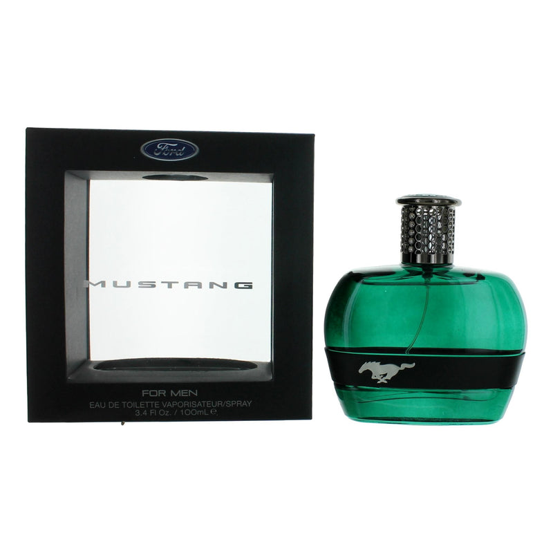 Mustang Green men's 3.4 oz EDT spray bottle with sleek design and green packaging, showcasing Mustang brand fragrance.