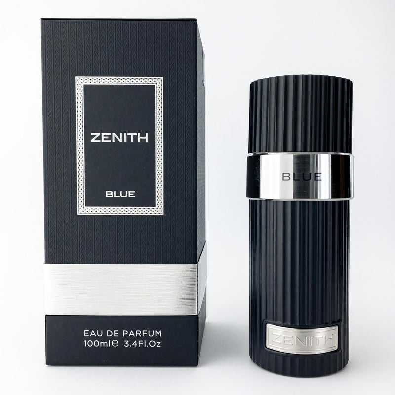 French Avenue Zenith Blue men's 3.4 oz EDP spray bottle, sleek packaging for a fresh, masculine fragrance.