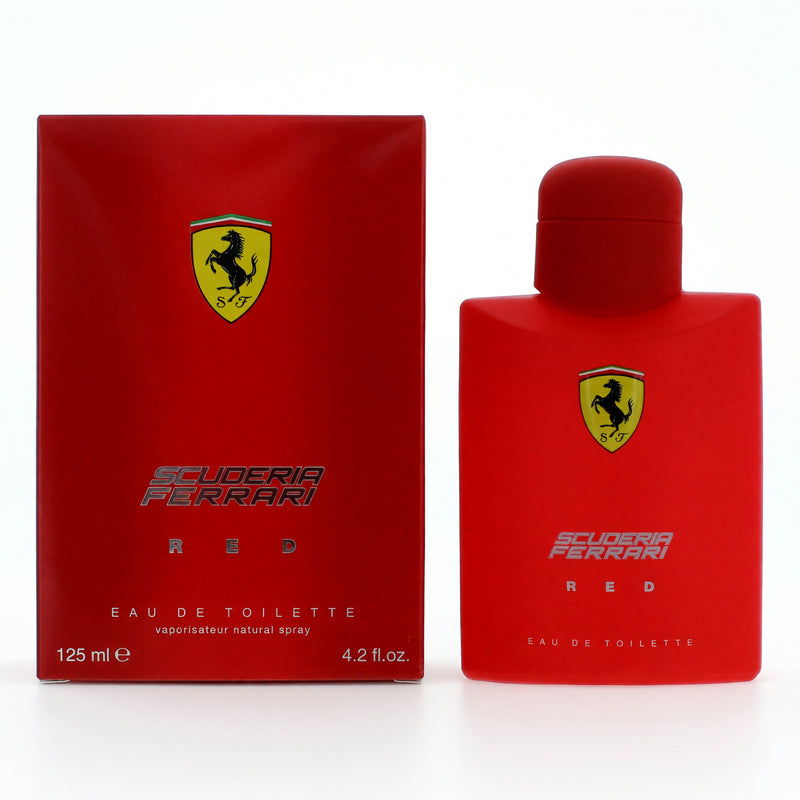 Ferrari Red men's 4.2 oz EDT spray by Scuderia Ferrari, featuring a sleek bottle with red accents and modern design.