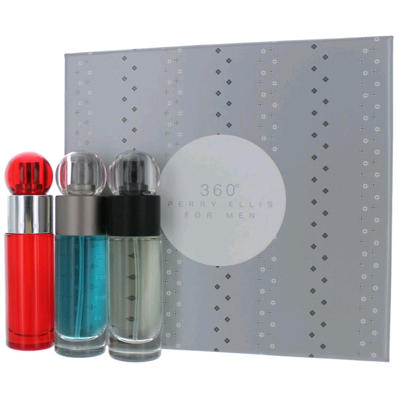 Perry Ellis 360 men's 3-piece variety set with reserve colognes, displayed in sleek bottles on a neutral background.