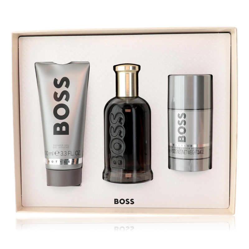 Hugo No. 6 by Hugo Boss men's 3-piece gift set including fragrance, aftershave, and grooming essentials arranged on a white background.