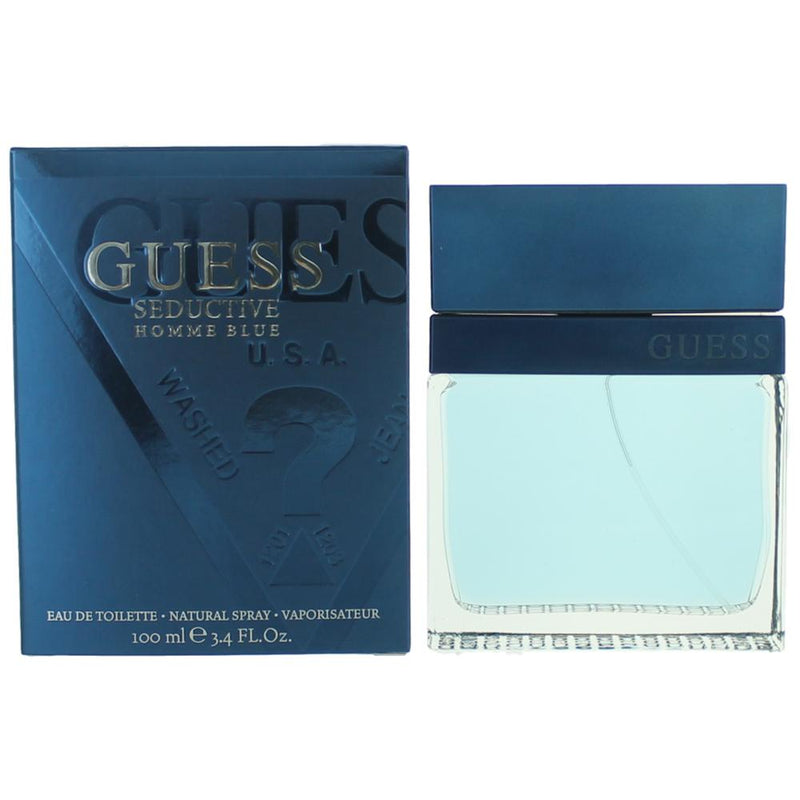 Guess Seductive Homme Blue 3.4 oz men's EDT spray bottle with sleek blue design and Guess branding.