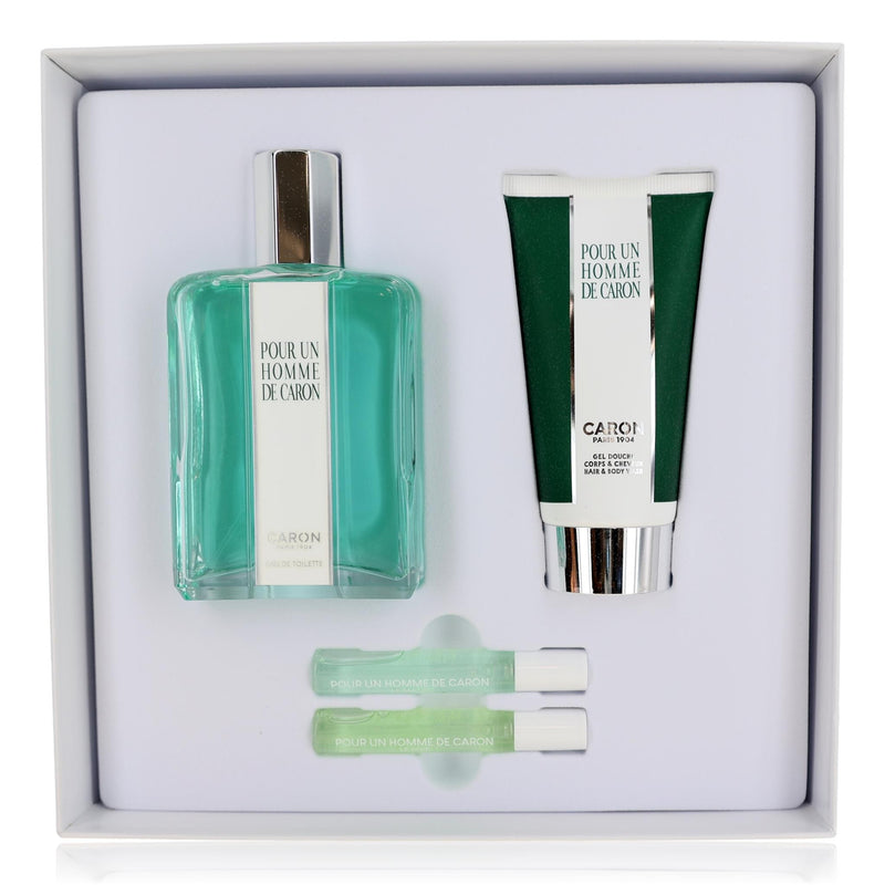 Caron Pour Un Homme men's gift set includes fragrance bottle, aftershave, and grooming products in a 4-piece collection.