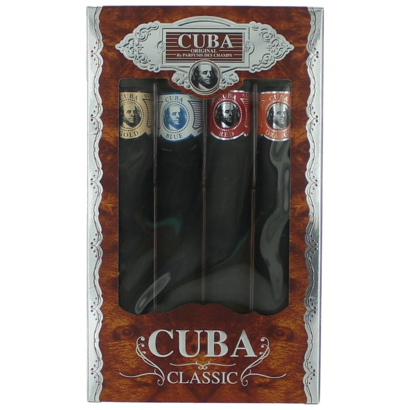 Cuba Classic 4-piece men's gift set with orange, red, blue, and gold colognes in sleek bottles.