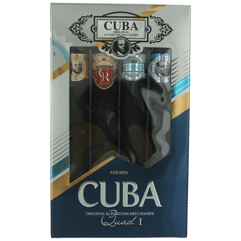 Cuba Quad I men's gift set with four physical products including cologne bottles, packaged in a stylish box.