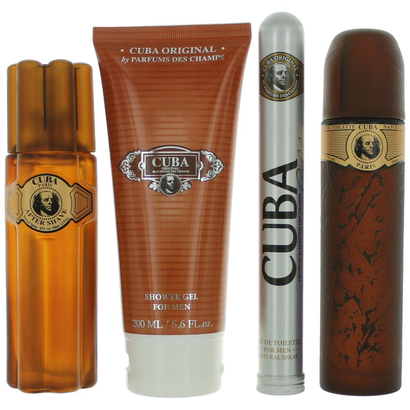 Cuba Gold 4-piece men's gift set with cologne bottles and grooming accessories, displayed in a sleek packaging.