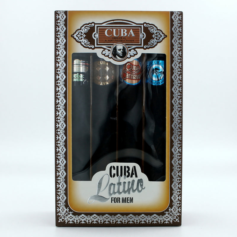 Cuba Latino 4-piece men's gift set including cologne bottles and grooming accessories, displayed on a neutral background.