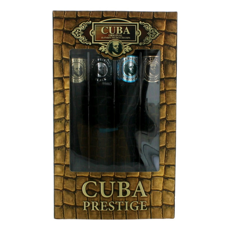 Cuba Prestige 4-piece men's gift set including cologne bottles and grooming accessories, displayed in an elegant box.