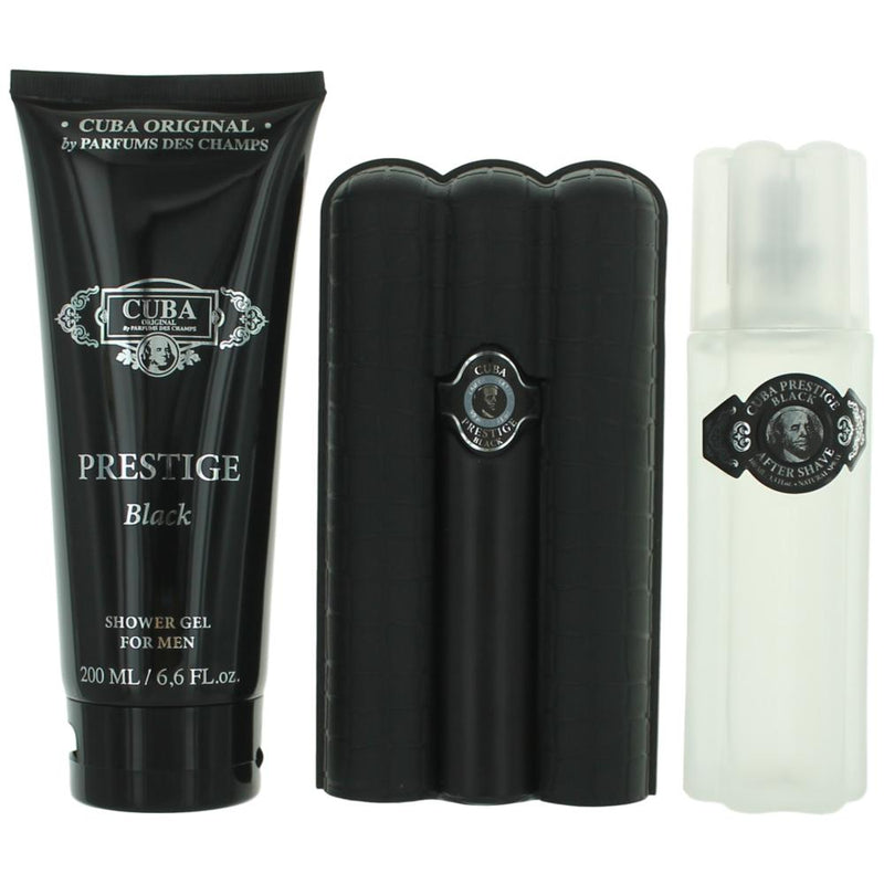 Cuba Prestige Black 3-piece gift set for men, including cologne bottles and accessories, displayed on a neutral background.