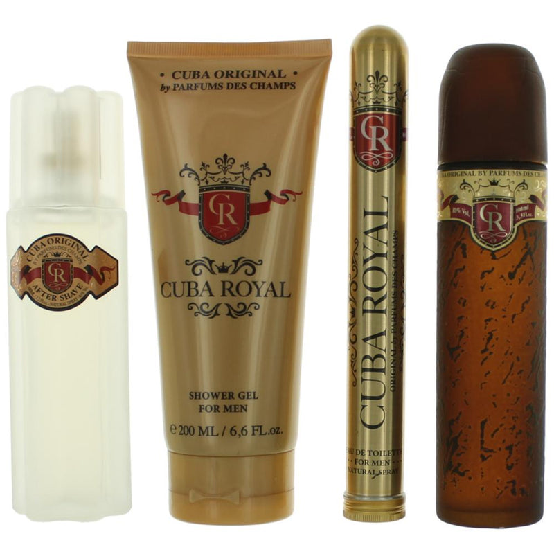 Cuba Royal 4-piece gift set for men, including cologne bottles and grooming accessories, arranged on a white background.