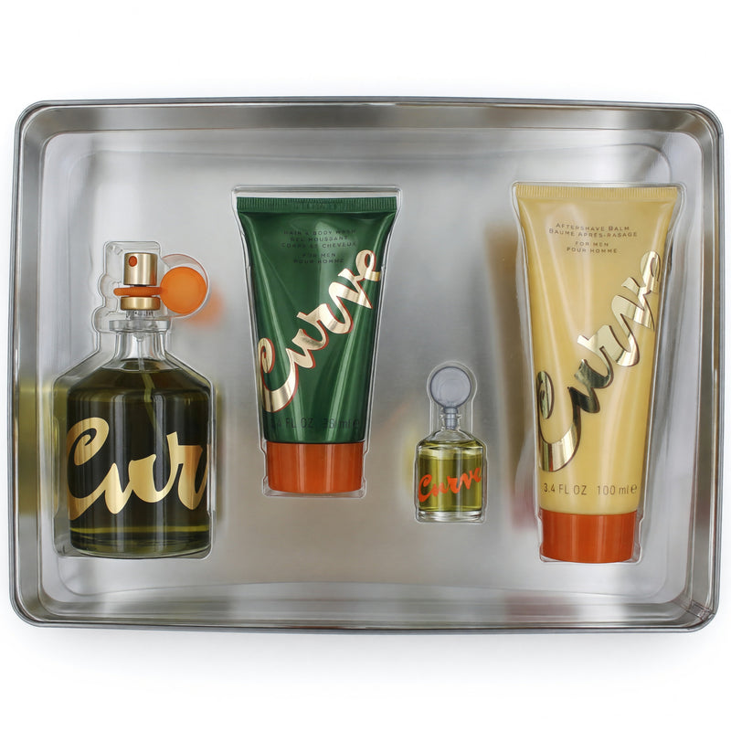 Curve by Liz Claiborne 4-piece men's gift set including fragrance, aftershave, and grooming products arranged in a gift box