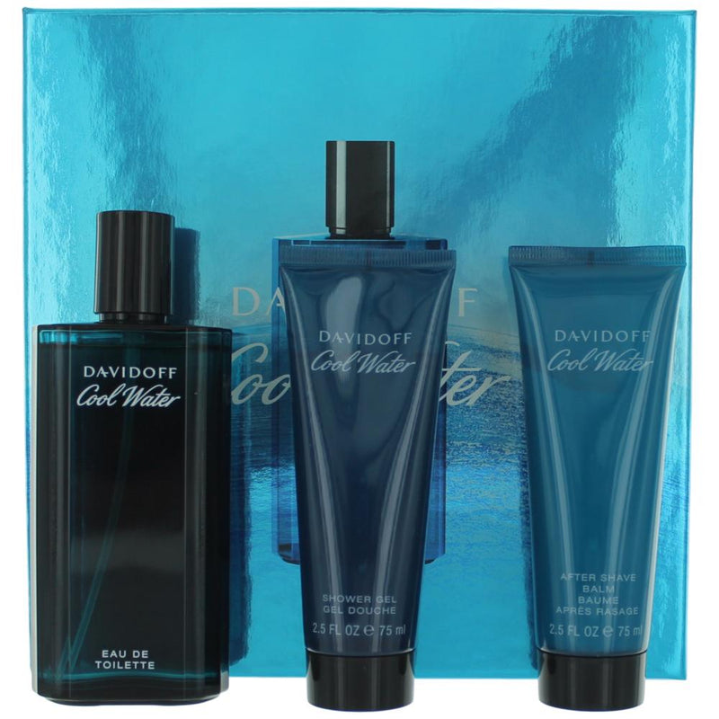 Davidoff Cool Water men's 3-piece gift set including fragrance bottle, shower gel, and aftershave balm on a white background.