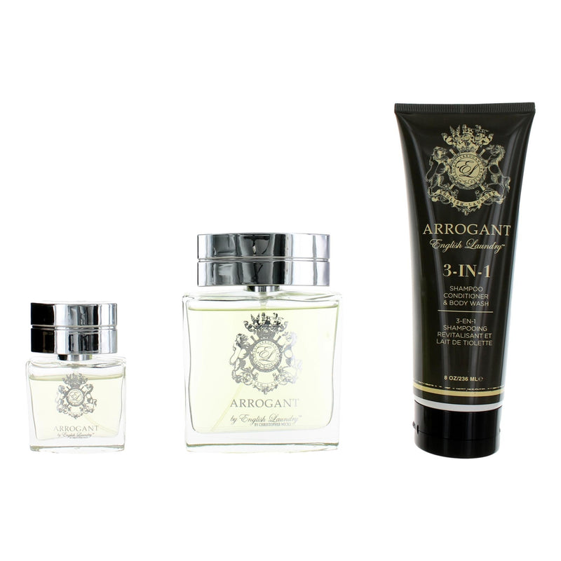 English Laundry Arrogant 3-piece men's gift set, includes 3.4 oz bottles of fragrance and grooming products, displayed in the image.