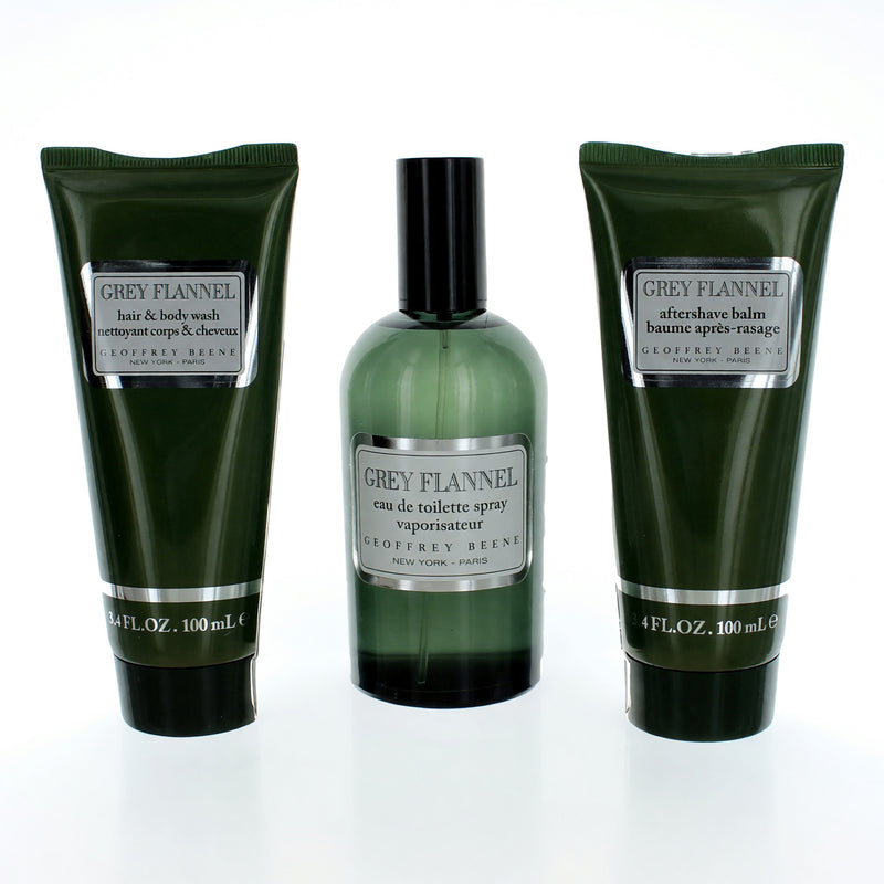 Grey Flannel men's 3-piece gift set by Geoffrey Beene, including a bottle of cologne, aftershave, and body lotion.