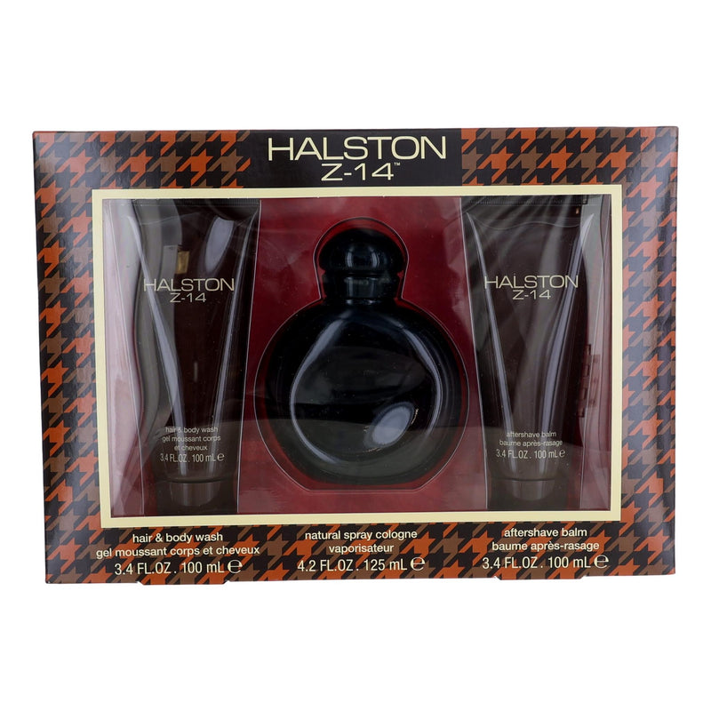 Halston Z-14 men's 3-piece gift set including fragrance, aftershave, and grooming products in a sleek package.