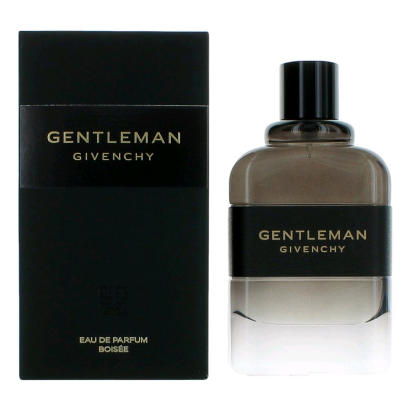 Gentleman by Givenchy 3.3 oz Eau de Parfum Boisee spray for men, shown in a sleek glass bottle with a silver cap.