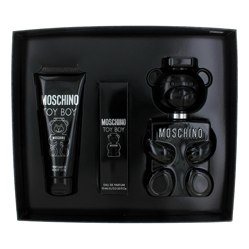 Moschino Toy Boy 3-piece gift set for men, featuring perfume bottle, aftershave, and body lotion in stylish packaging.