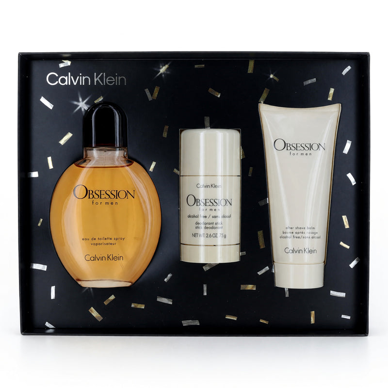 Calvin Klein Obsession 3-piece gift set for men including fragrance bottles and accessories, displayed on a neutral background.