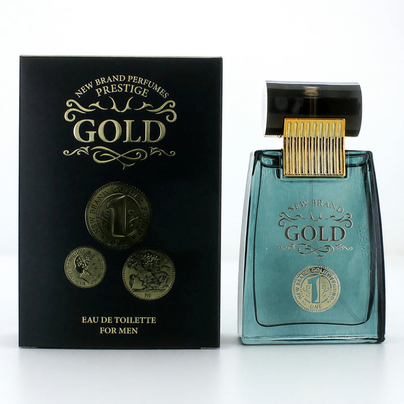 Gold by New Brand 3.3 oz men's EDT spray bottle, sleek design, showcasing the luxurious fragrance for men.