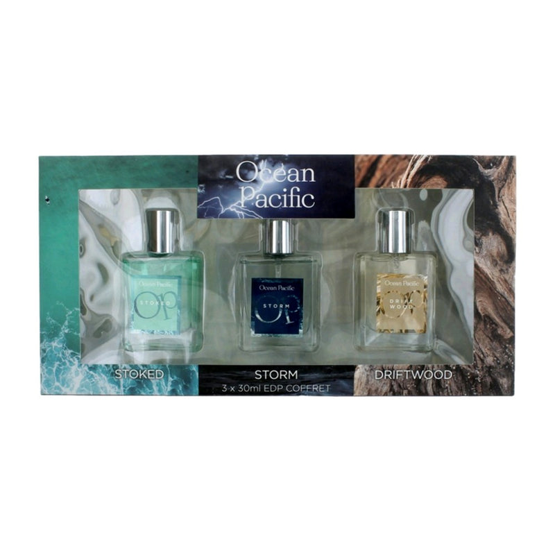 Ocean Pacific OP 3-piece men's fragrance collection with bottles of cologne and aftershave in a sleek display.