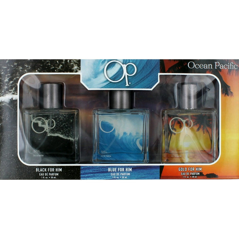Ocean Pacific OP men's 3-piece fragrance gift collection with bottles of cologne and aftershave in stylish packaging