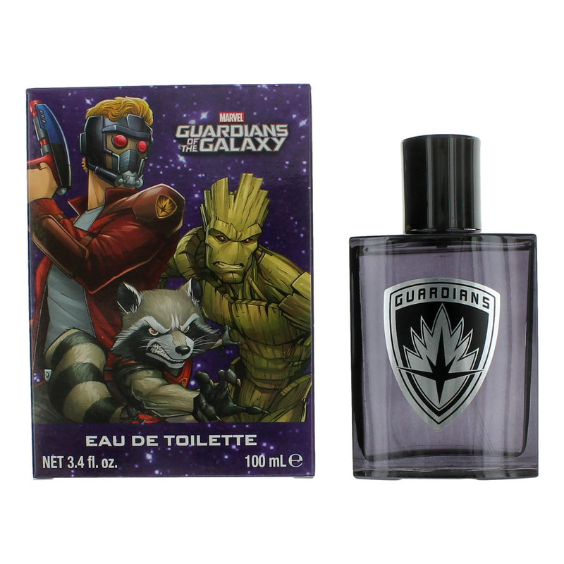 Marvel Guardians of the Galaxy men's 3.3 oz EDT spray bottle with logo and packaging featuring characters from the film.