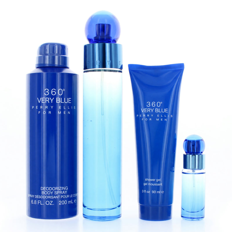 Perry Ellis 360 Very Blue men's 4-piece gift set including cologne, aftershave, and grooming products, displayed on a white background.