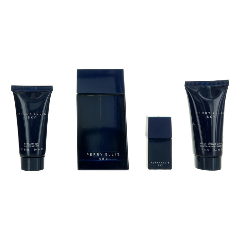 Perry Ellis Sky men's 4-piece gift set including fragrance bottles and grooming accessories, in sleek packaging.