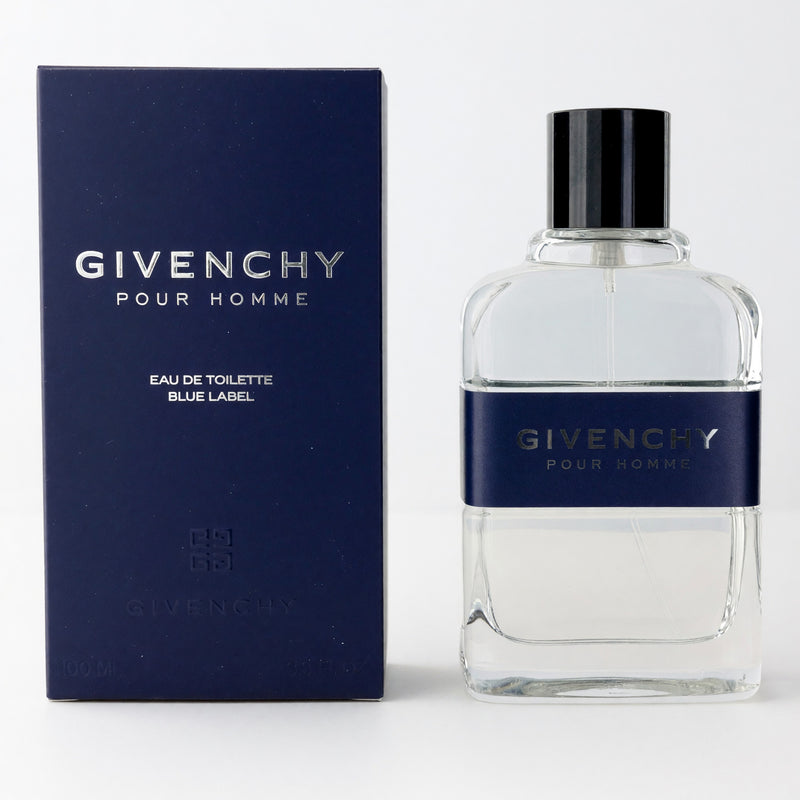 Givenchy Pour Homme Blue Label 3.4 oz men’s EDT spray bottle with sleek blue packaging and silver accents.