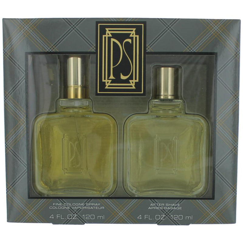Paul Sebastian PS men's 2-piece gift set with fragrance bottles and grooming accessories, displayed on a neutral background.