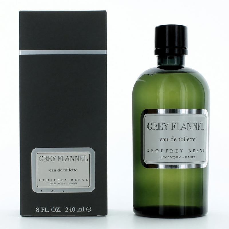 Grey Flannel by Geoffrey Beene men's 8 oz EDT splash in box, featuring a classic glass bottle with grey and silver design.