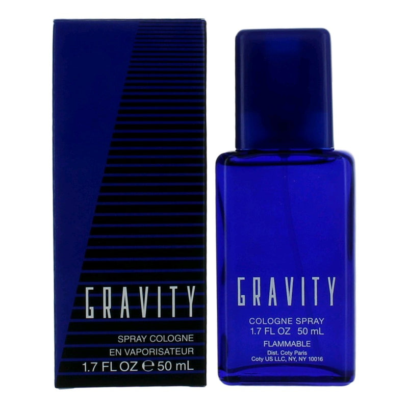 Coty Gravity men's 1.6 oz cologne spray bottle with sleek black packaging and minimalist design.