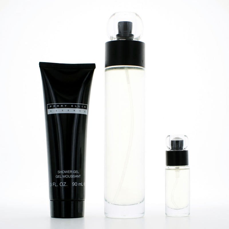 Perry Ellis Reserve 3-piece men's gift set including cologne, aftershave, and deodorant bottles arranged on a white background.