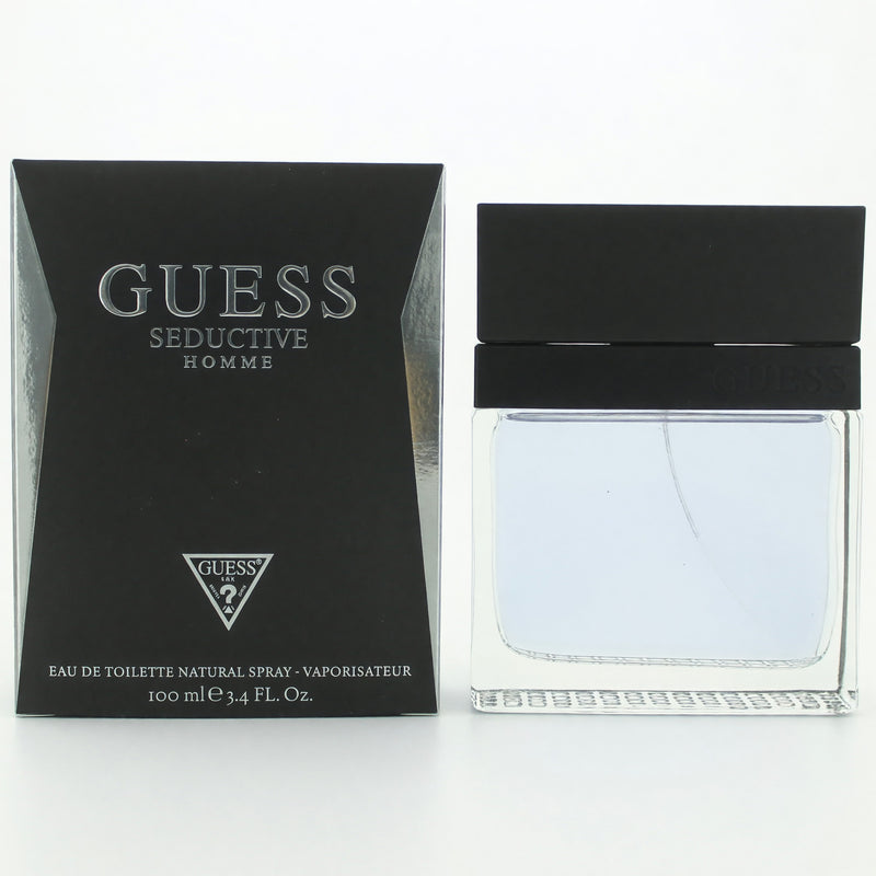 Guess Seductive men's 3.4 oz EDT spray bottle with sleek packaging and elegant design, showcasing the Guess fragrance.