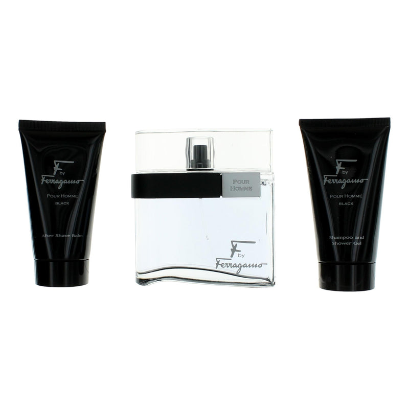 Salvatore Ferragamo F Black 3-piece gift set for men including fragrance, aftershave, and body lotion, displayed in stylish packaging.