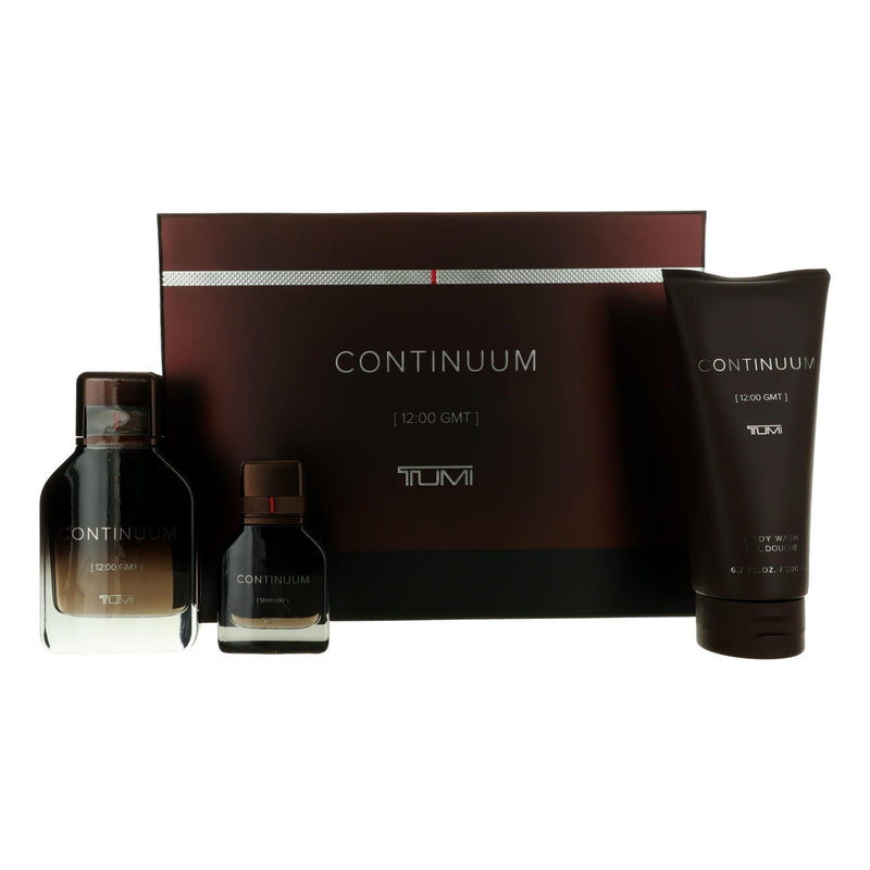 Tumi Continuum 3-piece gift set for men, including sleek travel accessories and personal items, in elegant packaging.