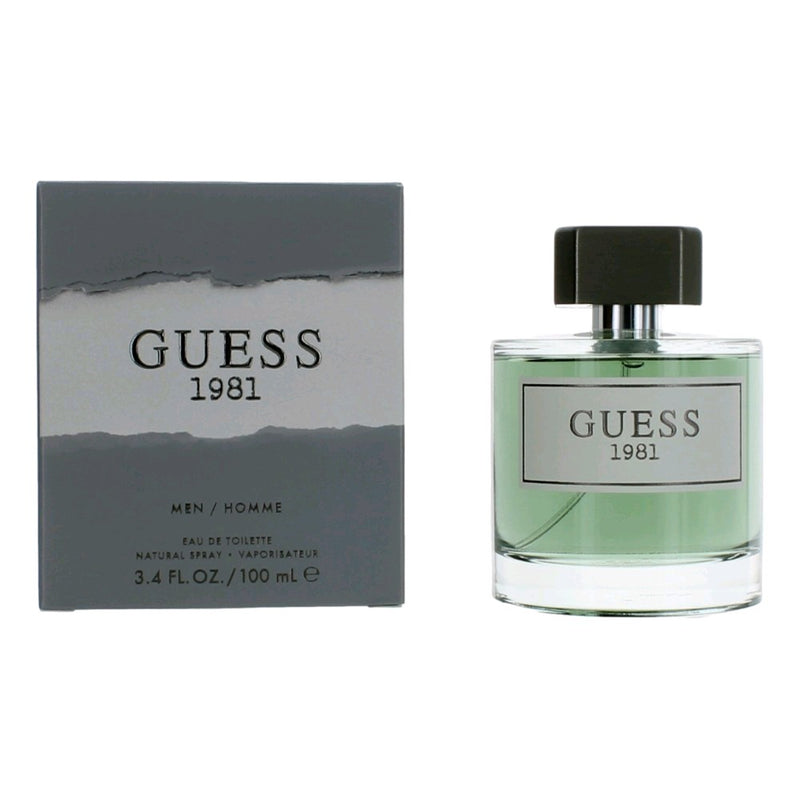 Guess 1981 men's 3.4 oz EDT spray bottle, sleek design, featuring the Guess logo and stylish packaging.